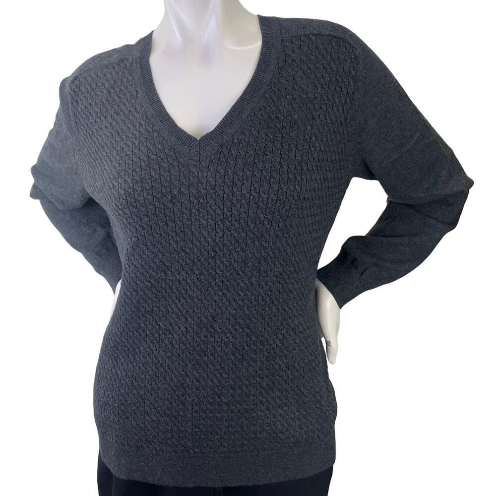 North Crest Classic Cable Knit Long Sleeve V Neck Dark Gray Sweater Size Large